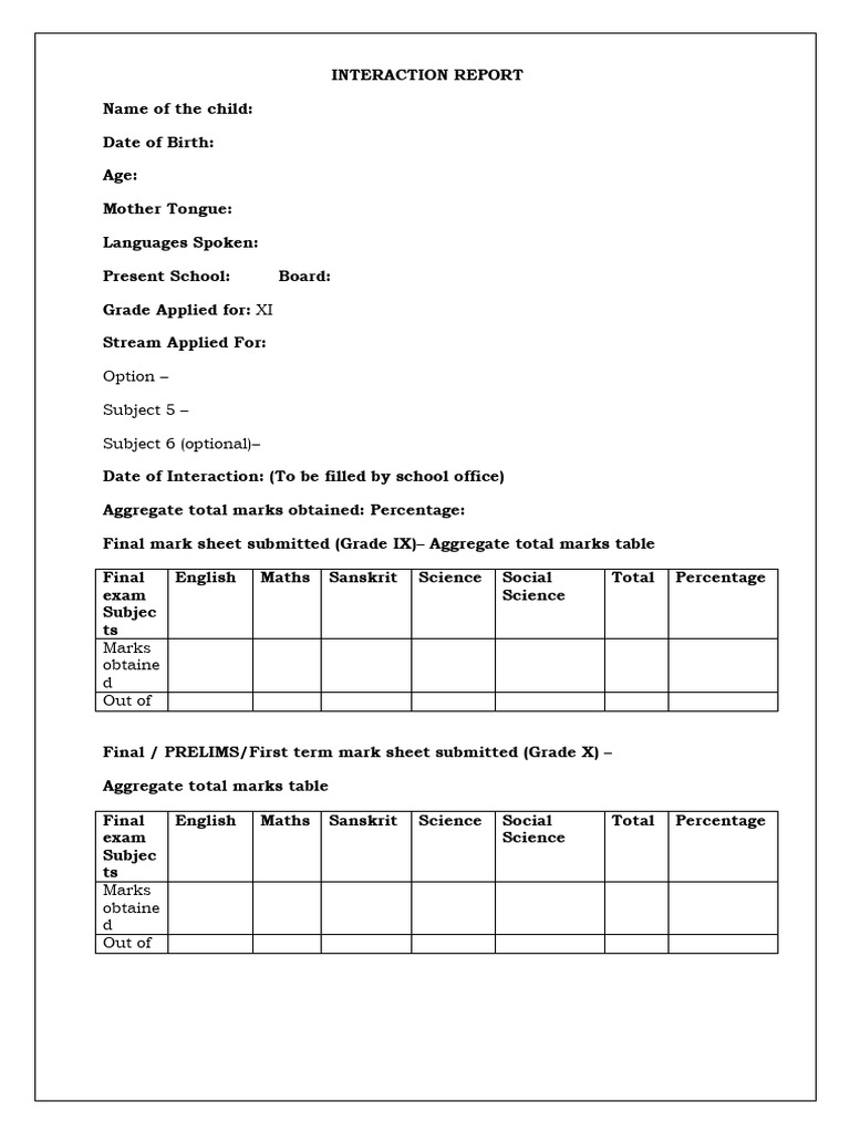 Grade XI Interaction form (2025-26) | PDF
