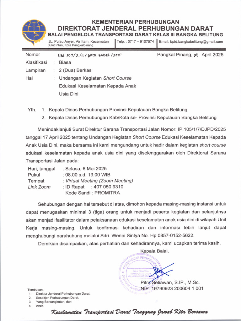 Surat Undangan Kegiatan Short Course Edukasi Keselamatan - BPTD Babel | PDF