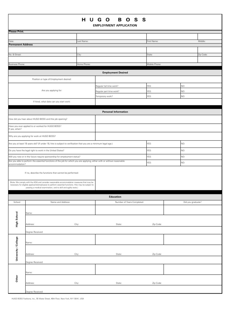 HUGO BOSS Employment Application Form | PDF | Employment | Discovery (Law)