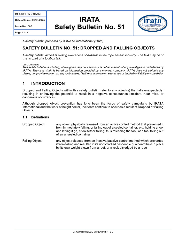 IRATA Safety Bulletin: Falling Objects | PDF | Risk | Traffic Collision