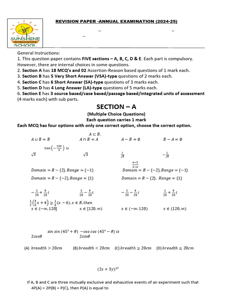 Class XI Mathematics Annual Exam Paper | PDF | Multiple Choice | Tests