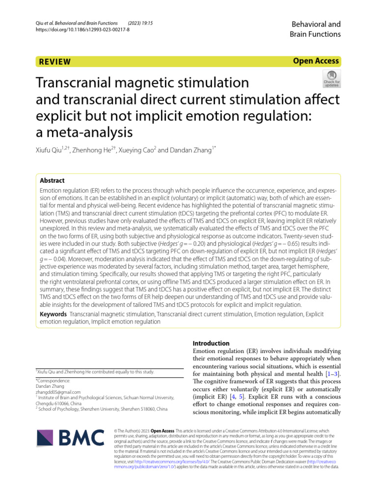 TMS and tDCS Impact on Emotion Regulation | PDF | Prefrontal Cortex ...