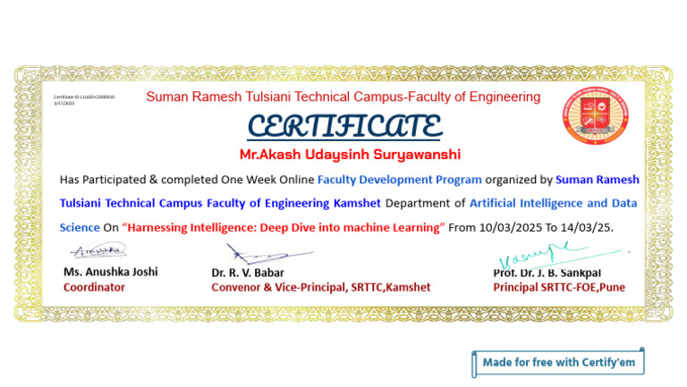 Certificate for AI Faculty Development Program | PDF