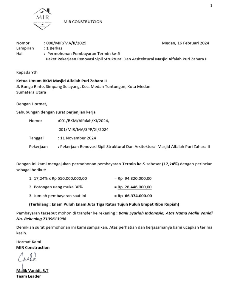 Permohonan Pembayaran Renovasi Masjid | PDF