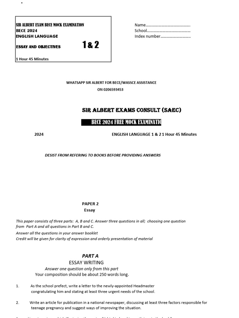 BECE 2024 English Mock Exam Guide | PDF | Cataract | Eye