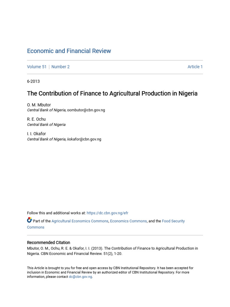 The Contribution of Finance To Agricultural Production in Nigeria | PDF ...