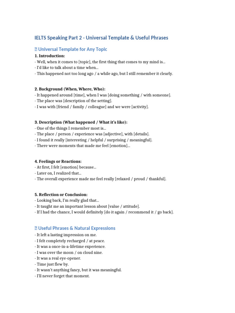 IELTS Speaking Template Universal Phrases | PDF