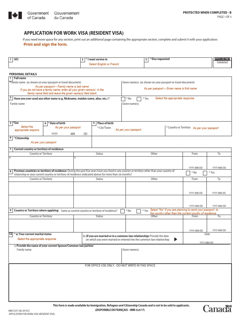 Work Visa Application Form IMM 5257 | PDF | Identity Document | Travel Visa
