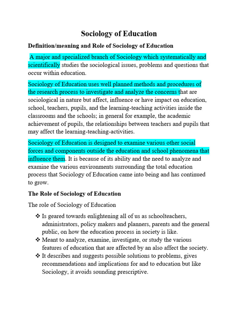 Understanding Sociology of Education | PDF | Sociology | Teachers