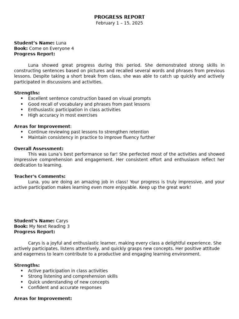 Progress Report February 1-15 2025 | PDF