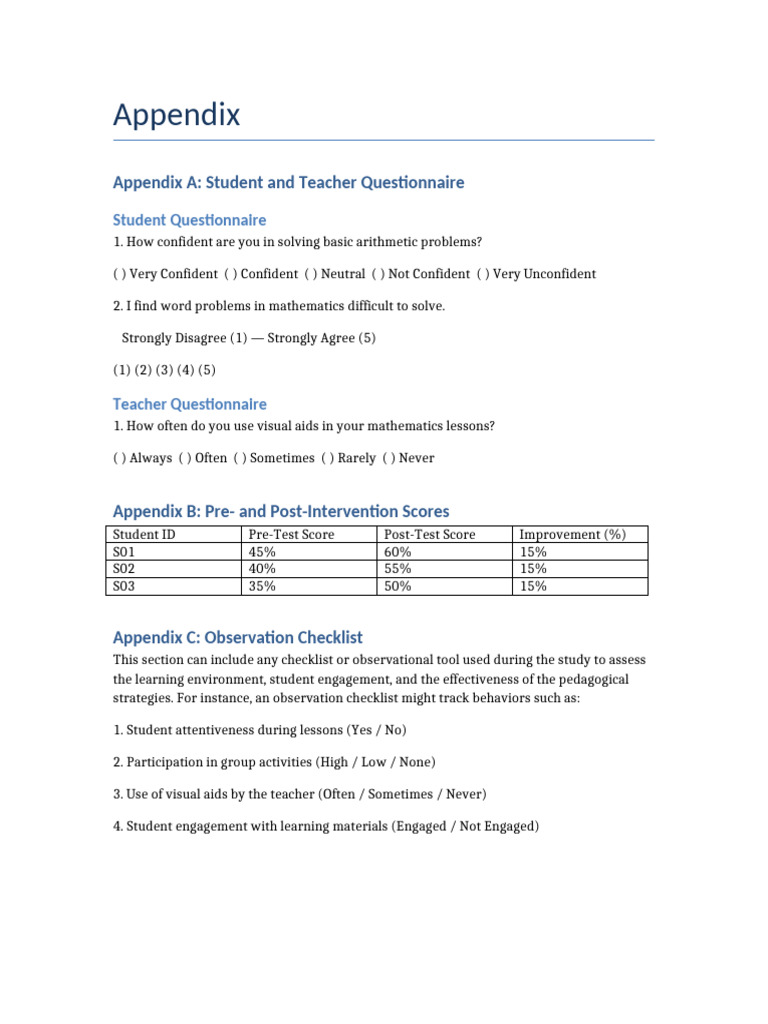 Research Appendix Questionnaire Tables | PDF