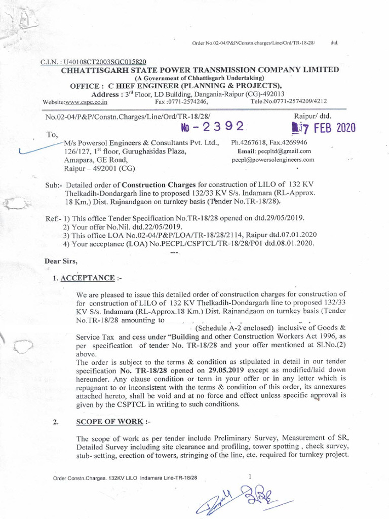 Construction Charges Work Order CSPTCL Rajnandgaon | PDF