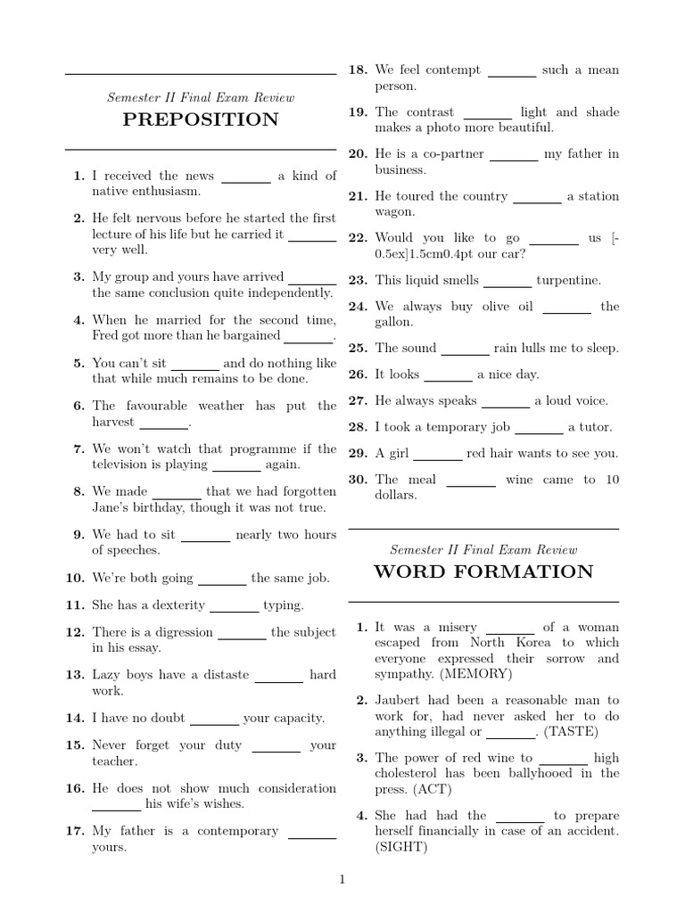 English Exam Review: Prepositions & Word Formation | PDF