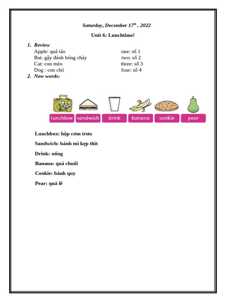 Saturday December 17, 2022:, Unit 6: Lunchtime! | PDF