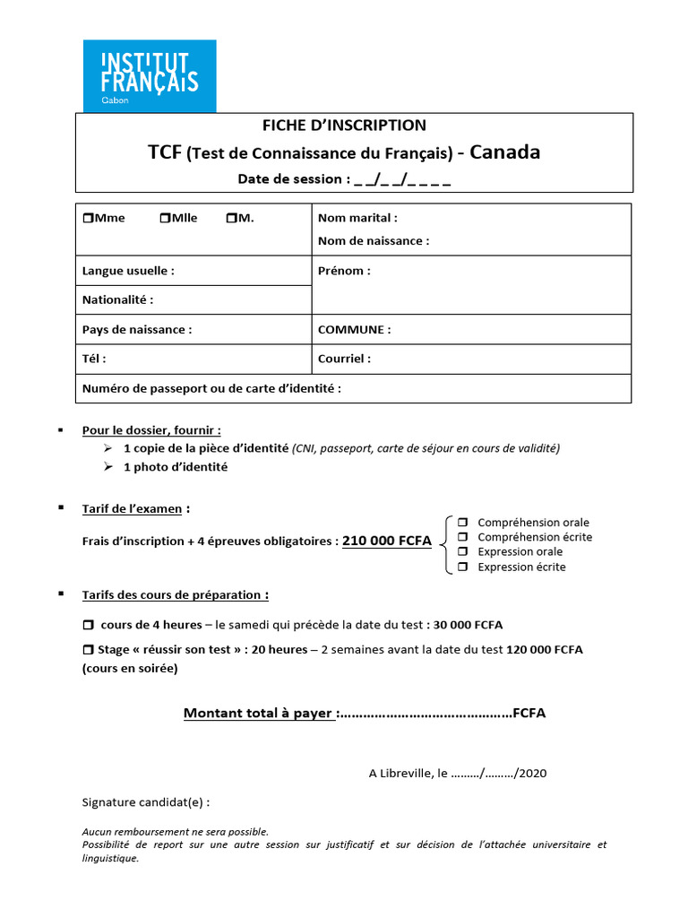 Inscription TCF Canada : Détails et Coûts | PDF