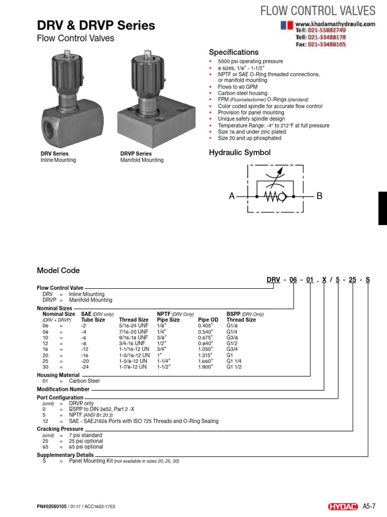 Hydac DRV Series Flow Control Valves | PDF | Pipe (Fluid Conveyance ...