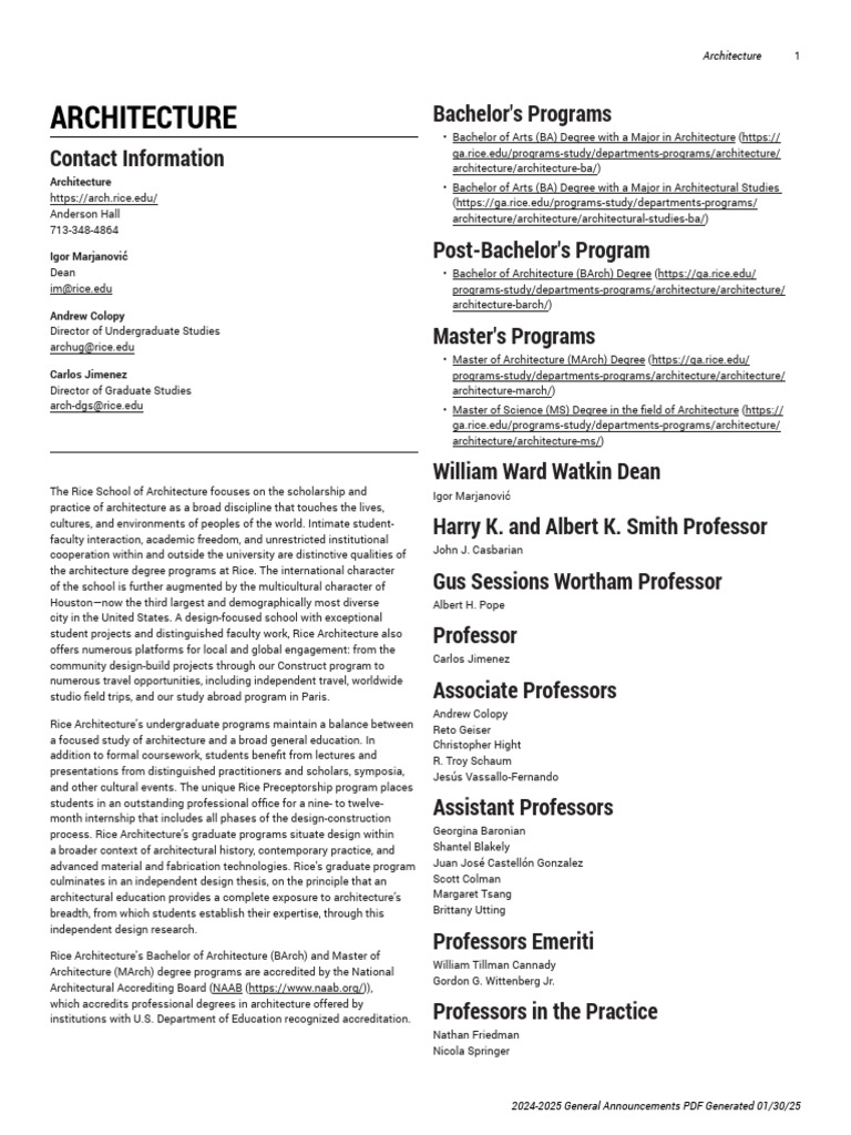 Rice School of Architecture Programs | PDF | Course Credit ...