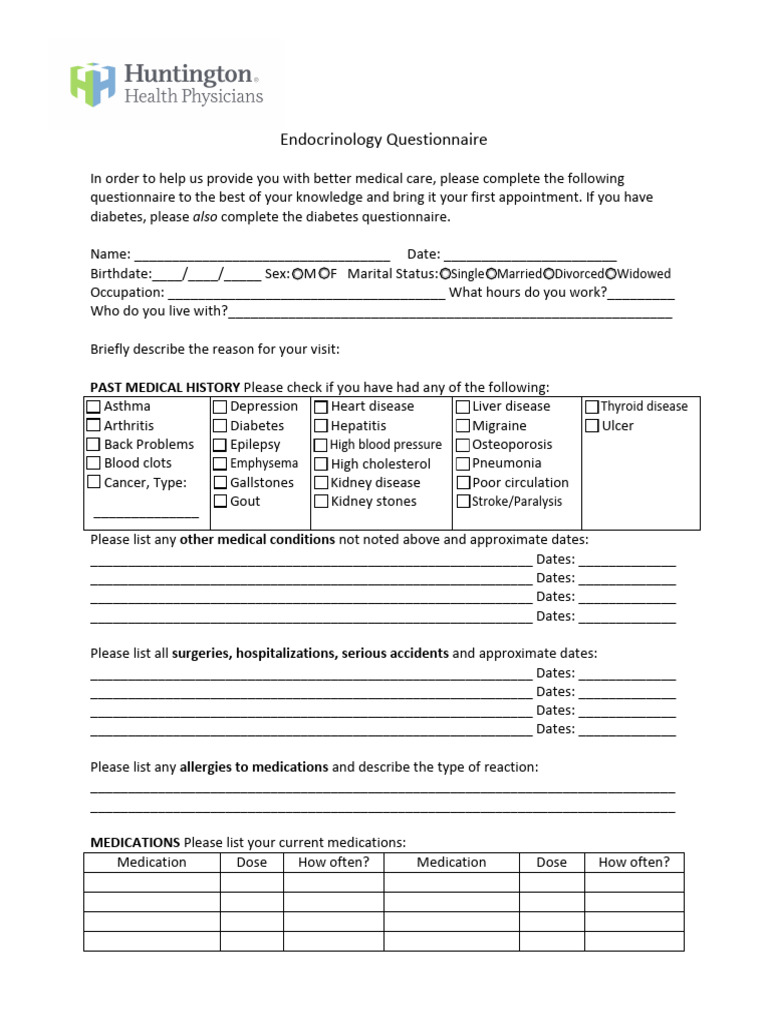 Endocrinology Patient Questionnaire | PDF | Diabetes | Heart