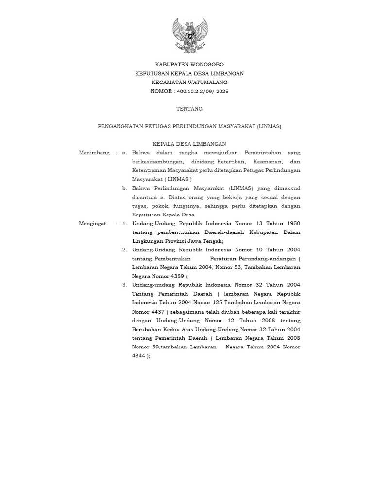 SK Pengangkatan LINMAS Desa Limbangan | PDF