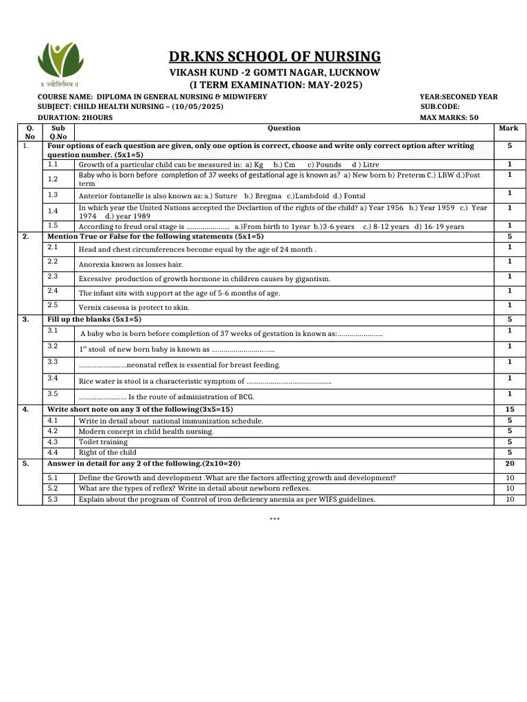 Child Health Nursing Exam Paper 2025 | PDF | Infants | Medical Specialties
