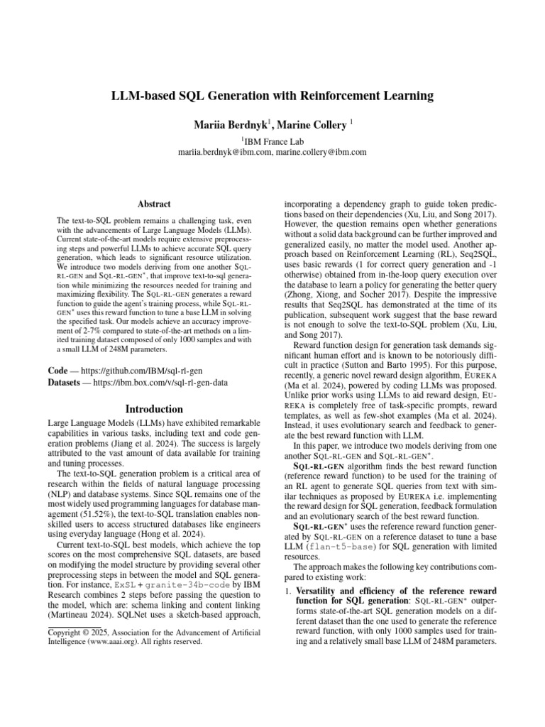 LLM Reinforcement Learning for SQL Generation | PDF | Databases | Sql