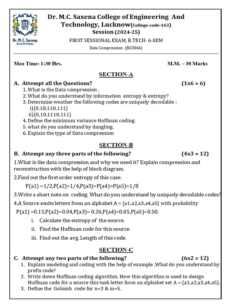 Data Compression Exam Questions 2024-25 | PDF