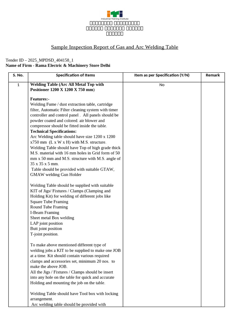 Sample Inspection Welding Table | PDF