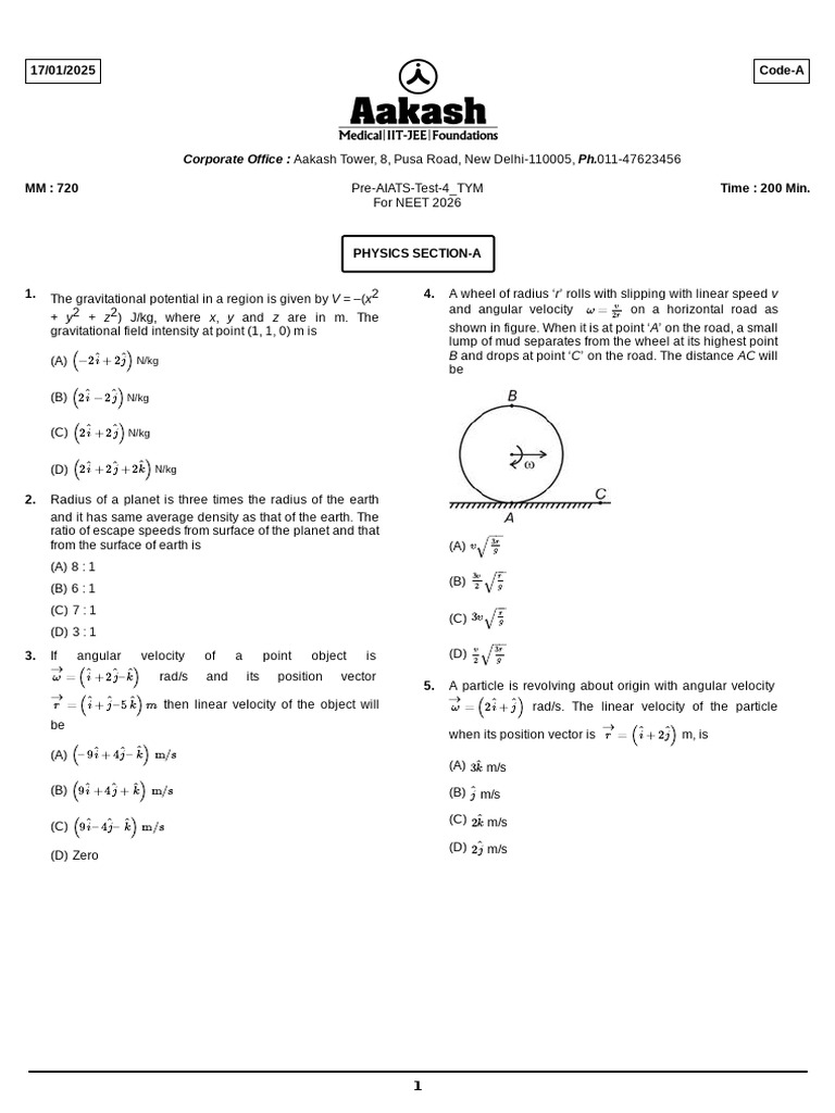 Pre-AIATS-Test-4 TYM 17.01.25 Que | PDF | Orbit | Force