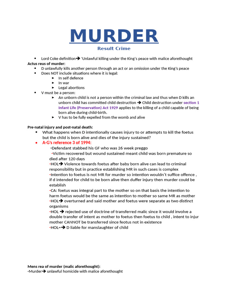 MURDER - Criminal Law Summary | PDF | Criminal Law | Common Law