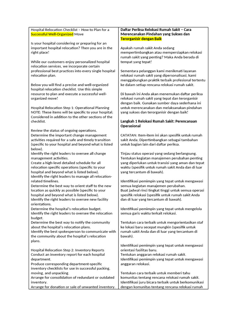 Hospital Relocation Checklist | PDF