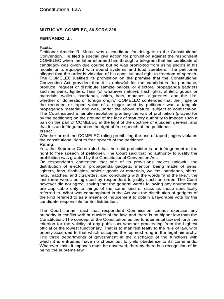 Mutuc vs. COMELEC: Free Speech Ruling | PDF | Constitutional Law | Justice