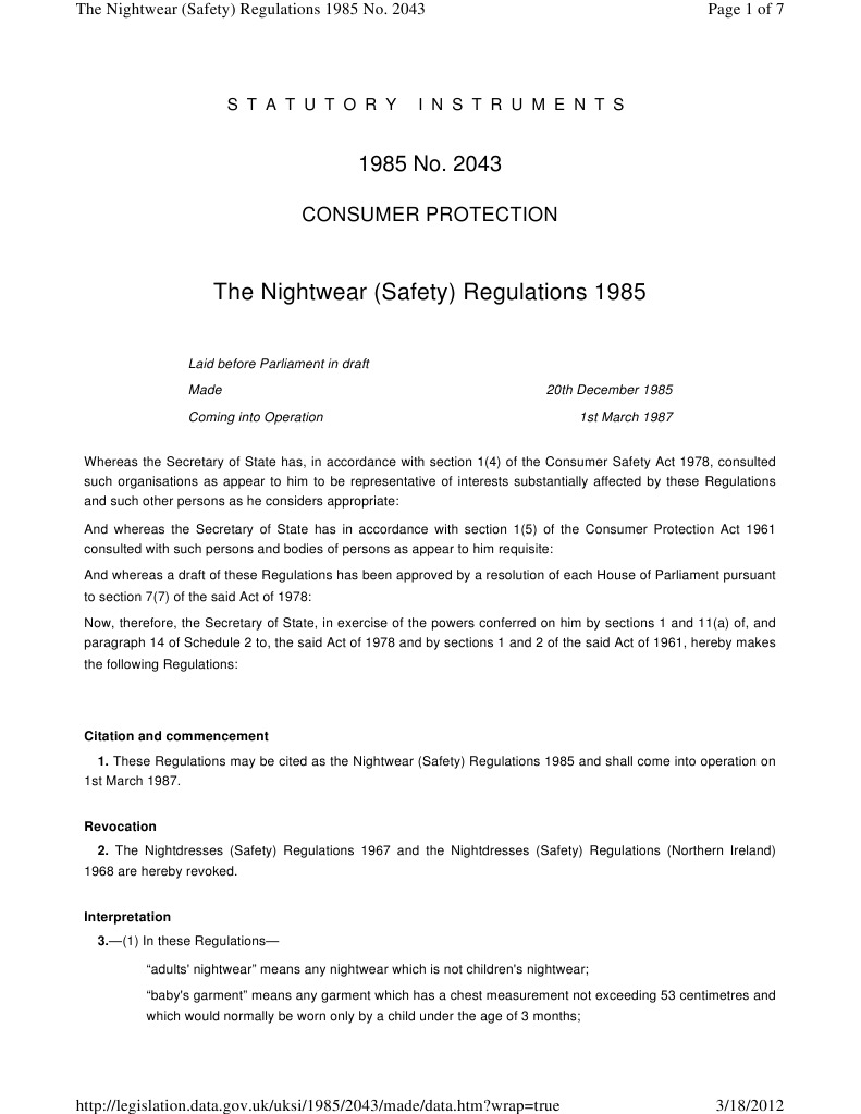 UK The Nightwear (Safety) Regulations 1985 PDF Flammability