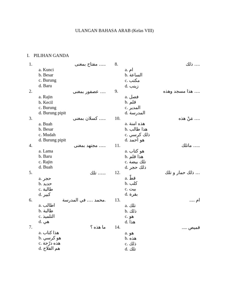 Soal UAS Bahasa Arab Kelas VIII | PDF