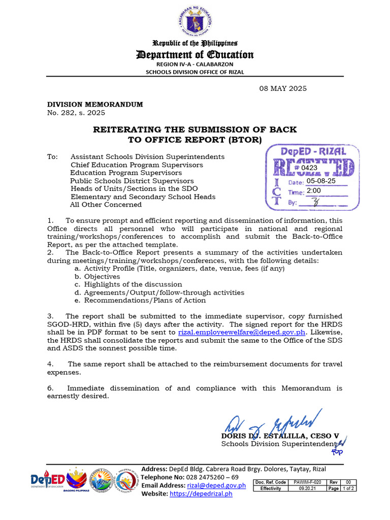 DepEd Rizal Memo on BTOR Submission 2025 | PDF | Memorandum