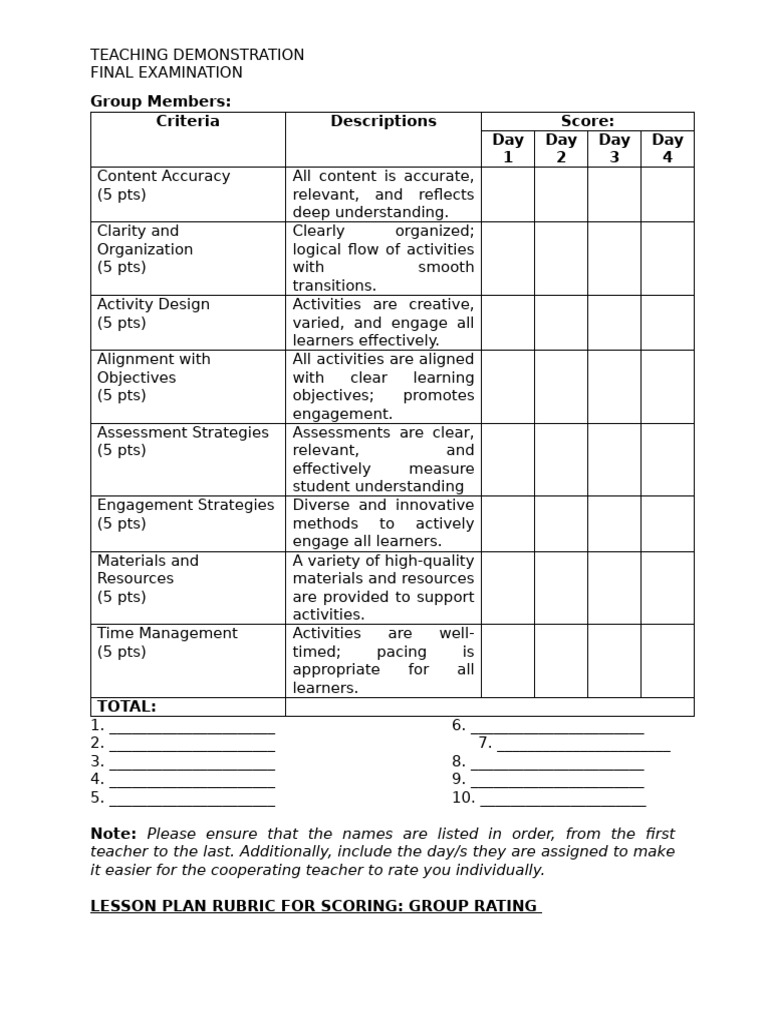 Rubric For Lesson Plan and Demosntration 1 | PDF | Lesson Plan | Cognition