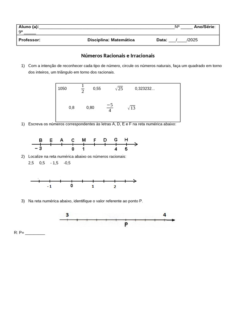 Atividades sobre Números Irracionais 9º Ano | PDF