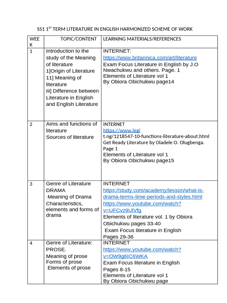 SS1 1ST TERM Scheme and Lesson Content | PDF | Poetry | Comedy