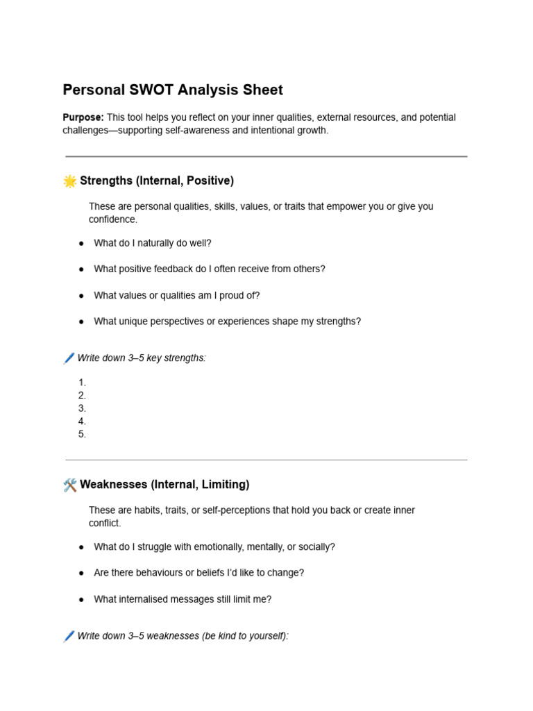 Personal SWOT Analysis Sheet | PDF