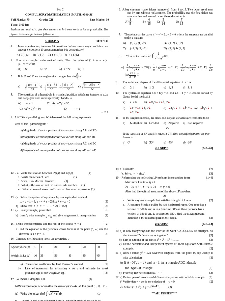 Grade XII Compulsory Mathematics Exam | PDF | Mathematical Concepts ...