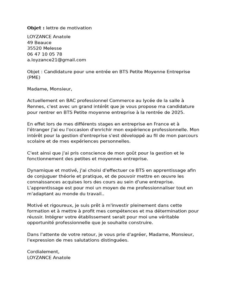 Candidature BTS PME en alternance PDF — free download