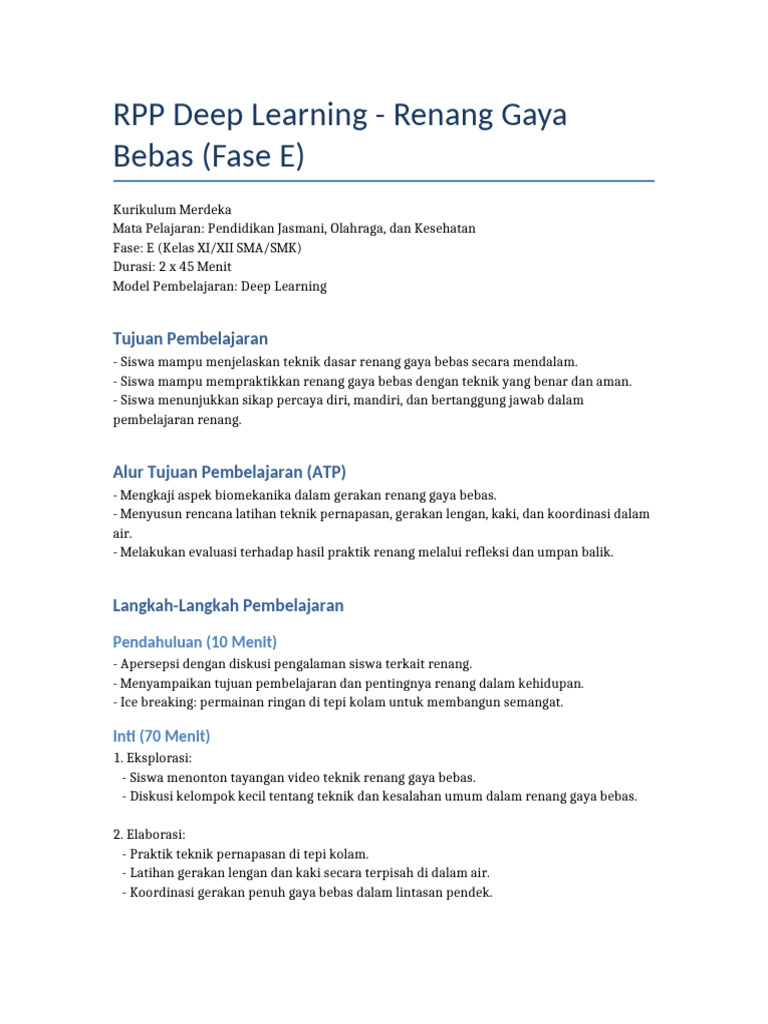 RPP Deep Learning Renang Fase E Kurikulum Merdeka | PDF