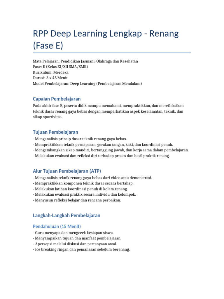 RPP Deep Learning Renang Fase E Lengkap | PDF