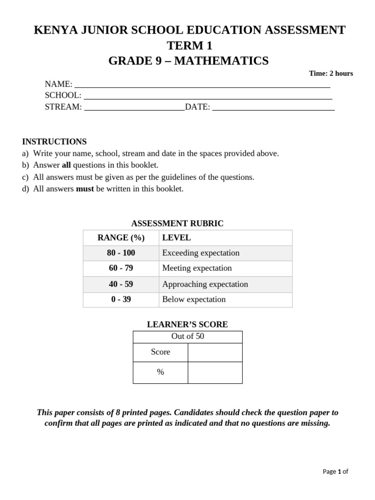 Grade 9 Mathematics Assessment | PDF | Area | Length