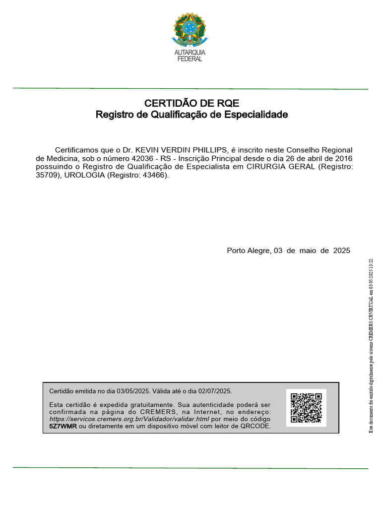 Certidão de RQE Dr. Kevin Phillips | PDF
