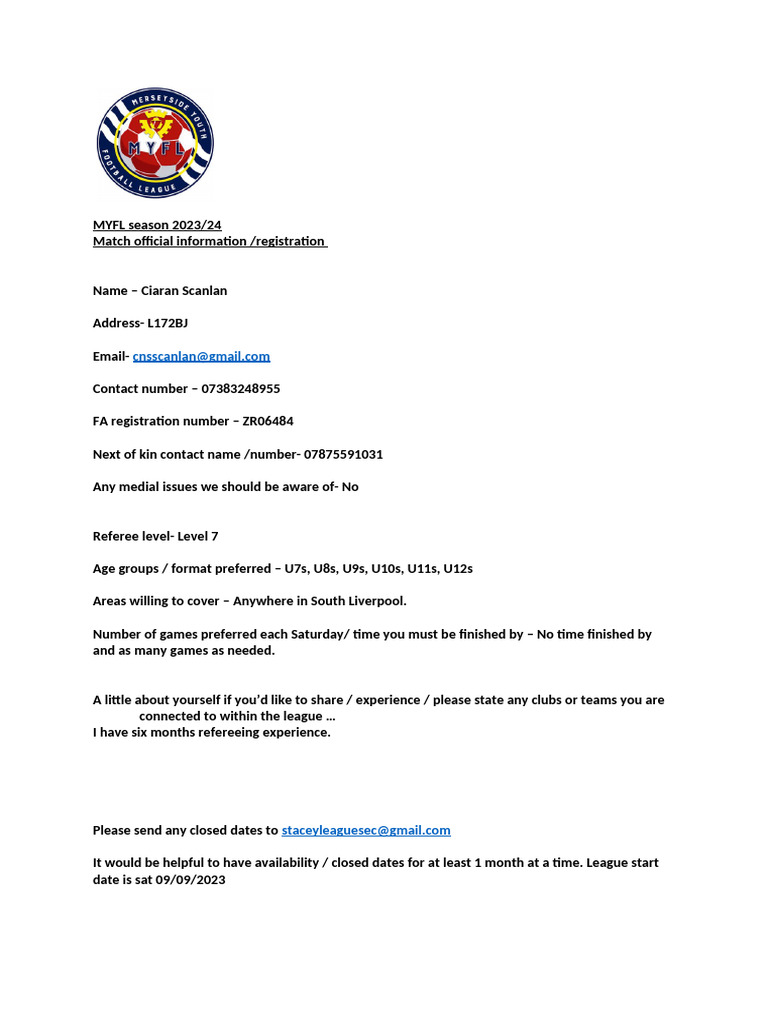 MYFL 2023/24 Referee Registration Details | PDF