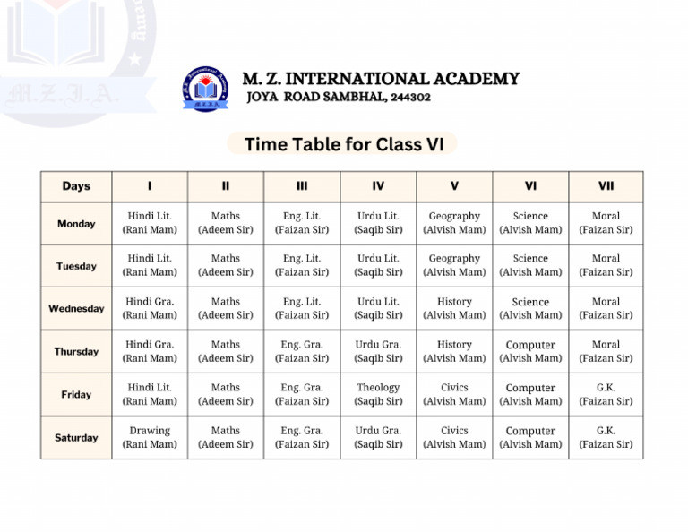 Time Table STD VI | PDF