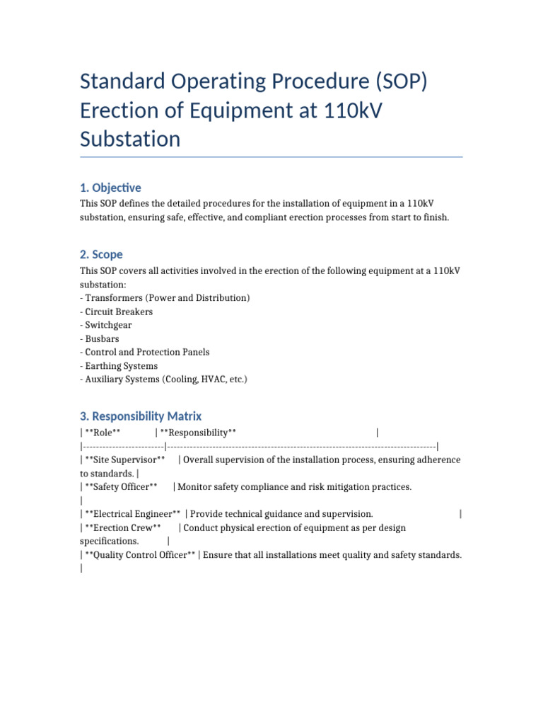 110kV Substation Equipment Erection SOP | PDF | Electrical Wiring ...