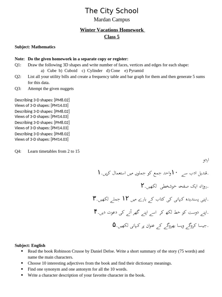 Class 5 Winter Homework Assignments | PDF | Plants