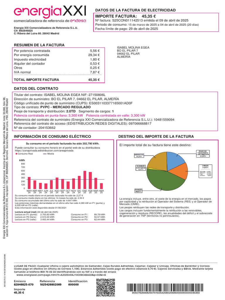 Factura de Electricidad: Detalles y Pago | PDF | Factura | Economias