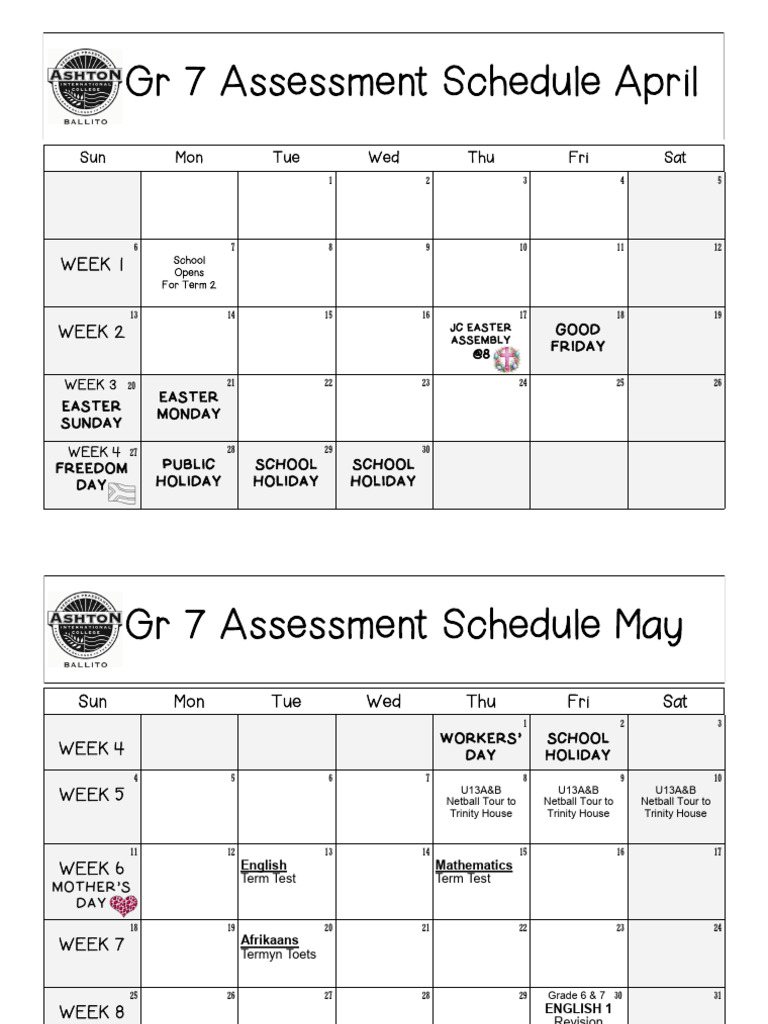 Grade 7 Assessment Calendar 2025 | PDF | Tests | Schools